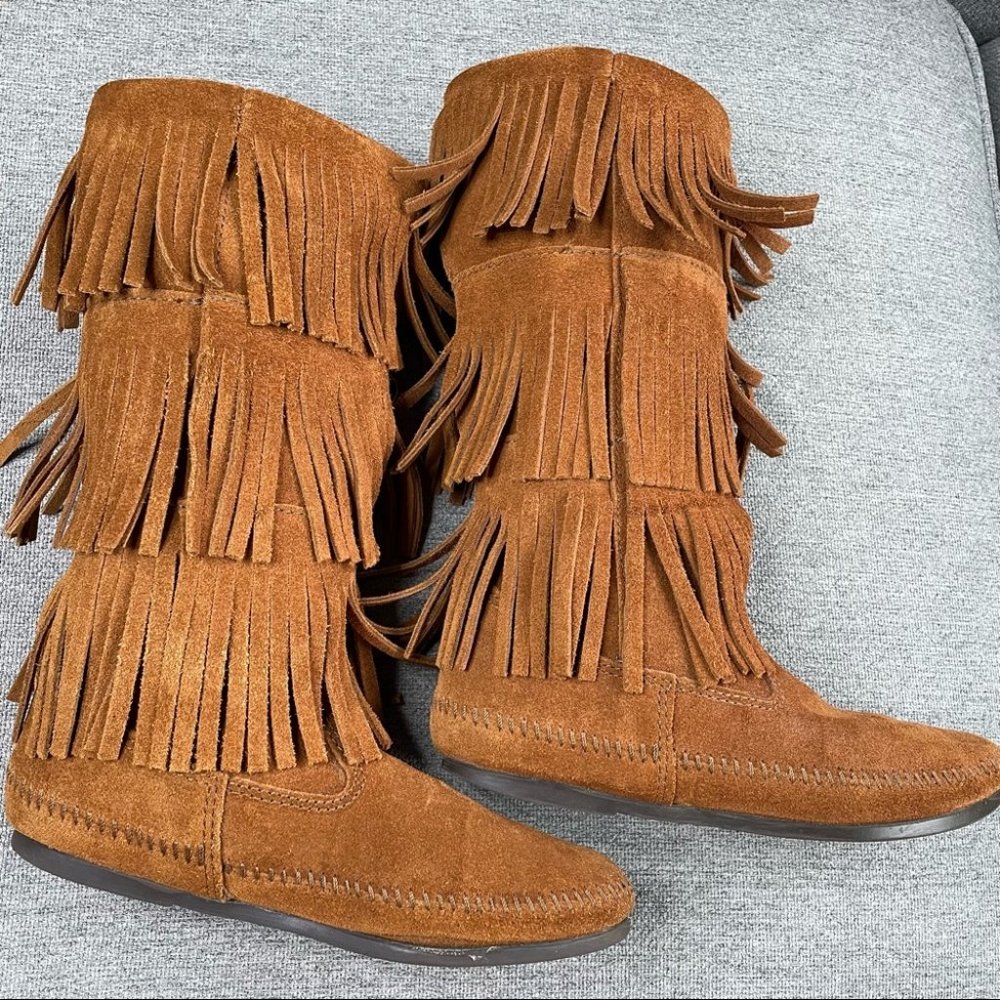 Minnetonka Three Layer Fringe Boot Suede Leather - image 5